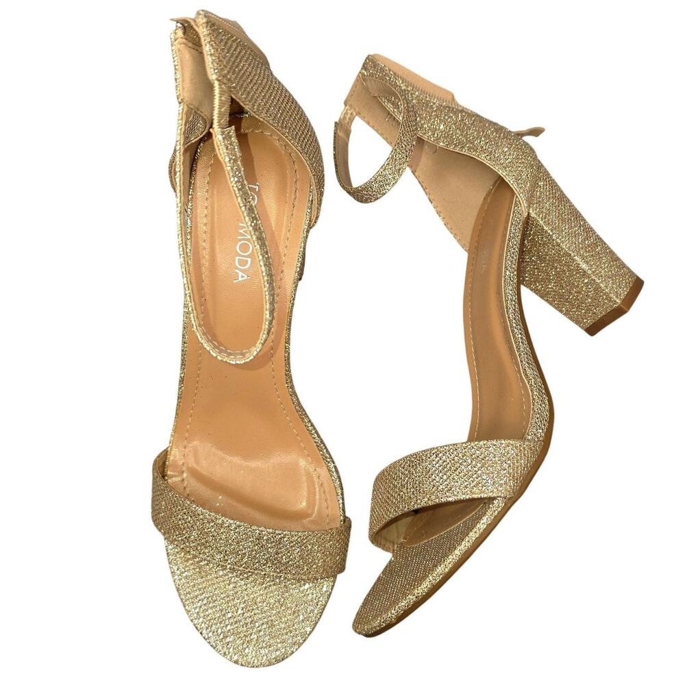 TOP MODA Heels Womens 9 Gold Glitter Ankle Strap Block Sandals Wedding Party NYE